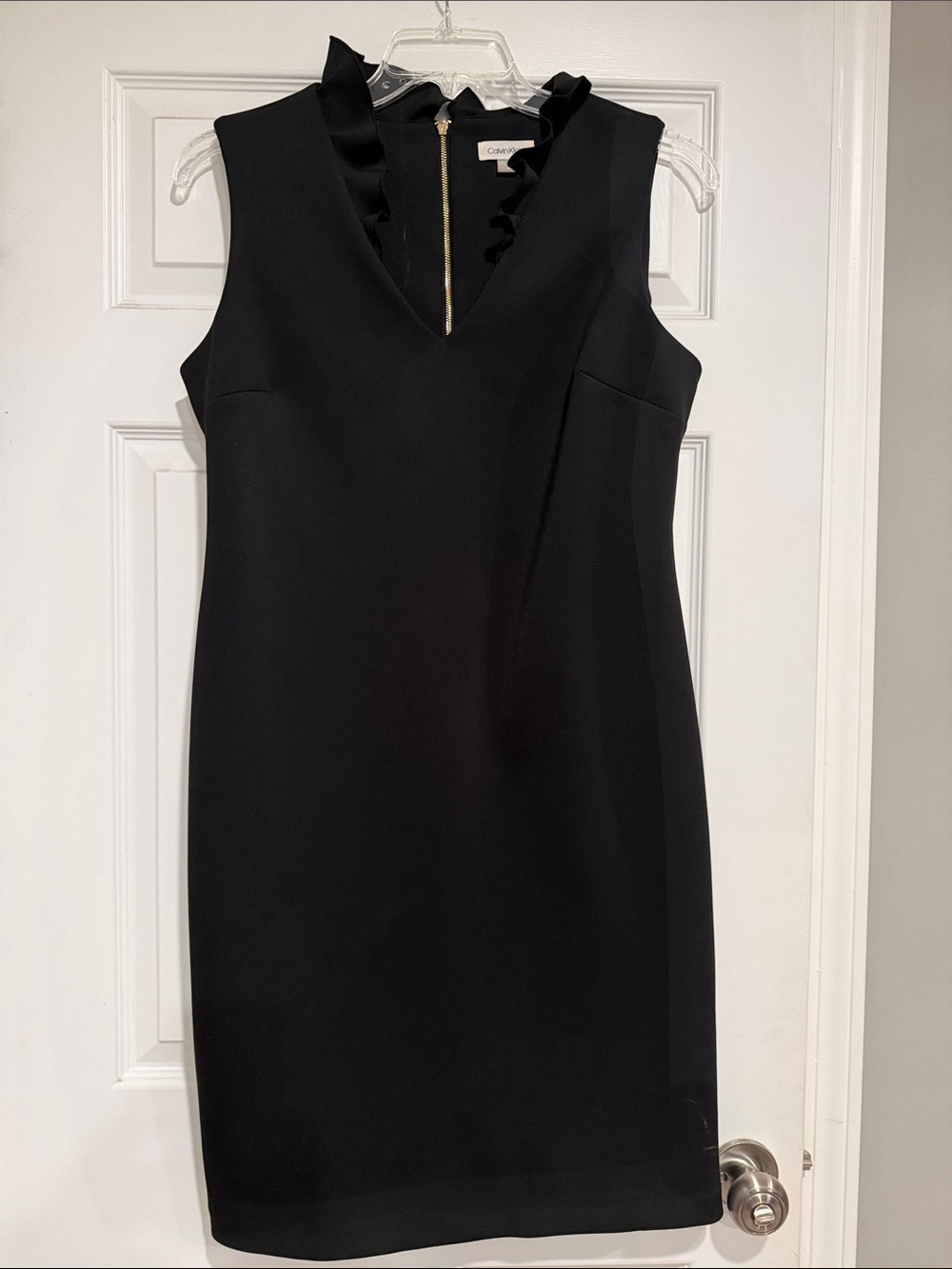 Calvin Klein Black Sleeveless V-Neck Midi Dress with Ruffle Trim